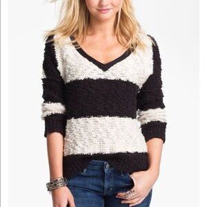 Free People Chunky Striped Sweater Black White V Neck Size M